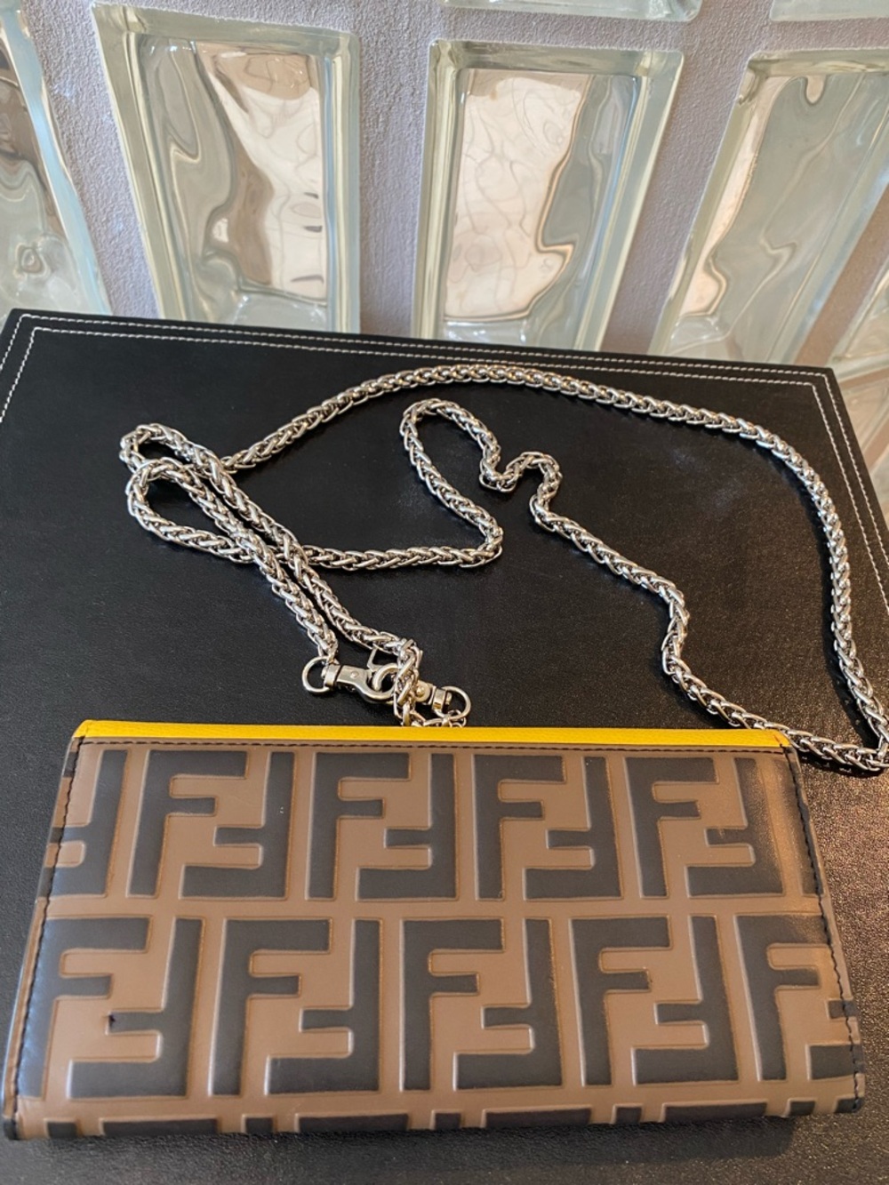 Fendi Yellow/Brown Leather Continental Envelope Wallet & Unbranded Chain, EUC - Picture 5 of 10